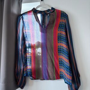 Blue and Red Sheer Sleeve Blouse